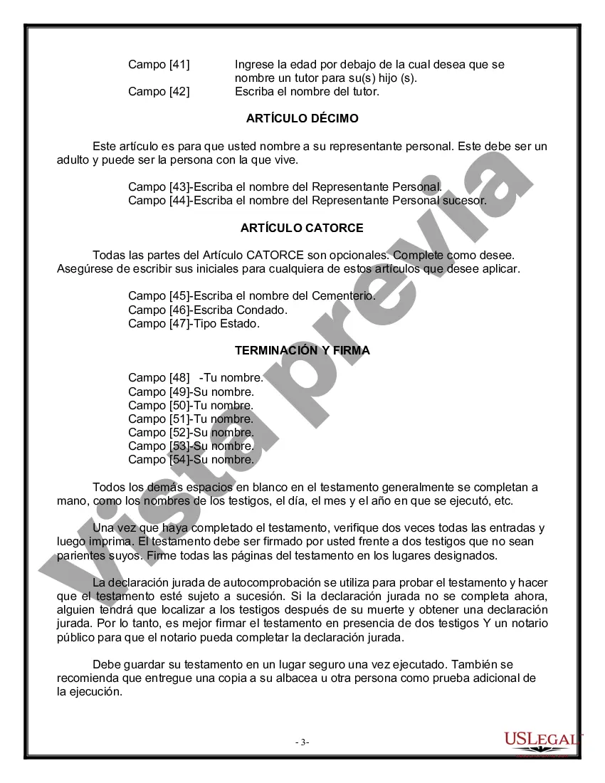 Preview Formulario Legal de Última Voluntad y Testamento para Viuda o Viudo con Hijos Menores