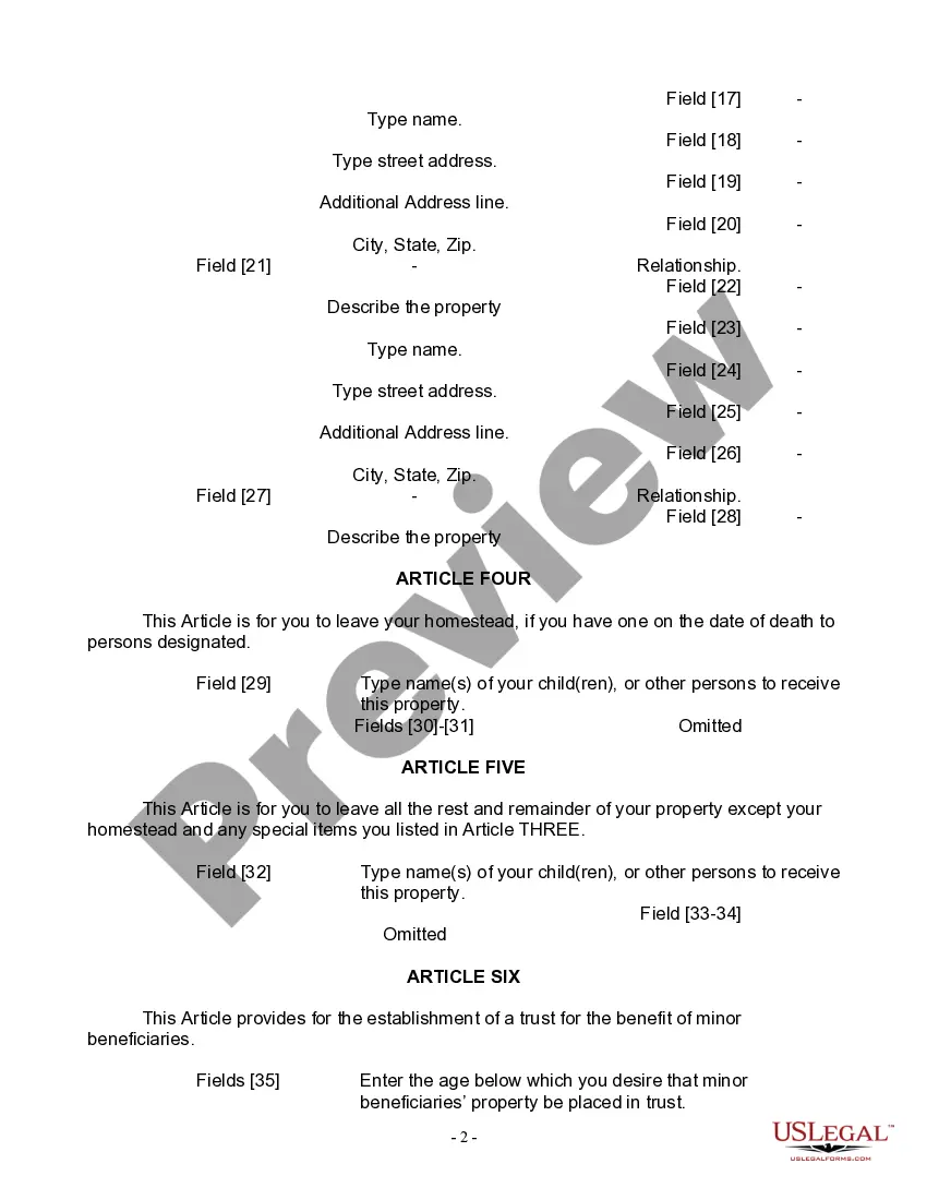 Preview Last Will and Testament for Widow or Widower with Minor Children