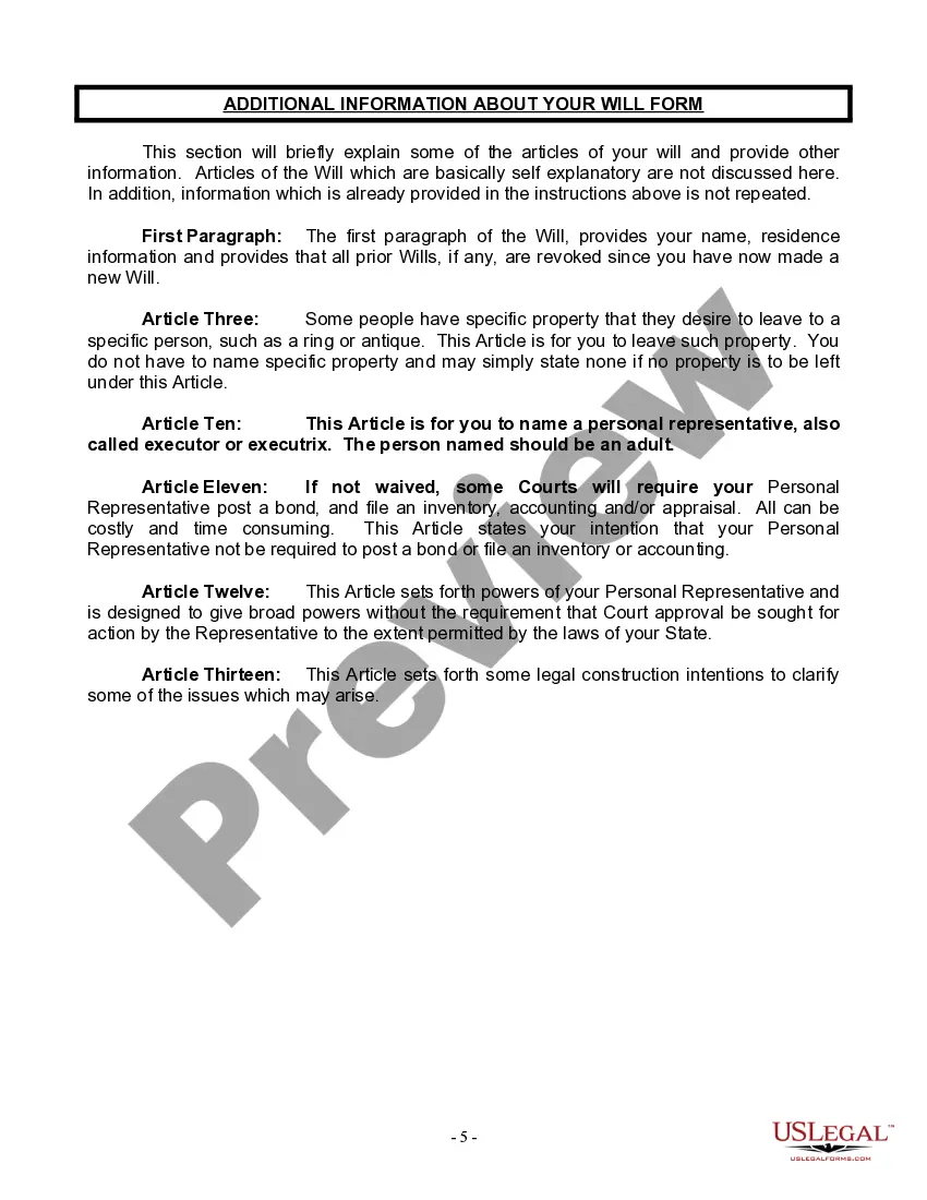 Preview Last Will and Testament for Widow or Widower with Minor Children