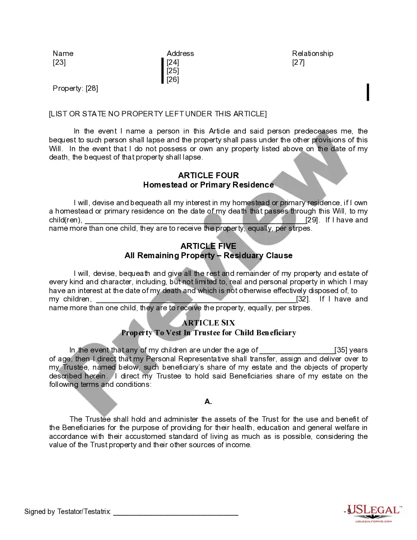 Preview Last Will and Testament for Widow or Widower with Minor Children