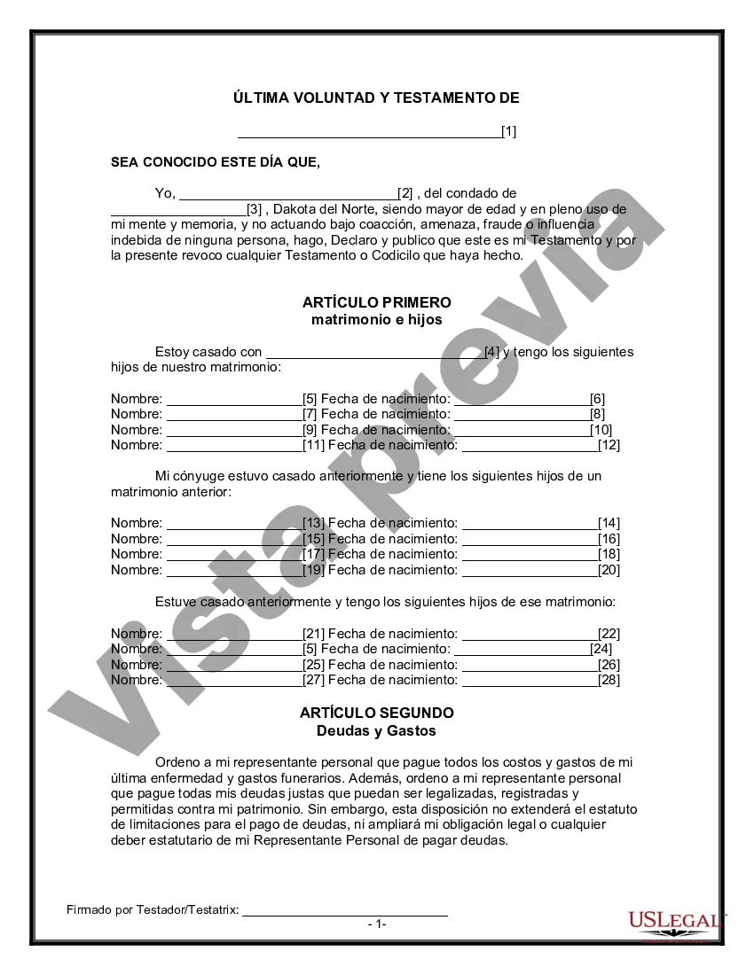 Preview Formulario Legal de Última Voluntad y Testamento para Persona Divorciada y Recasada con Hijos Míos, Tuyos y Nuestros