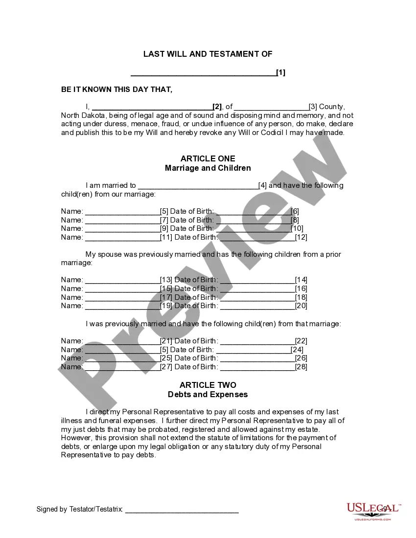 Preview Last Will and Testament for Divorced and Remarried Person with Mine, Yours and Ours Children