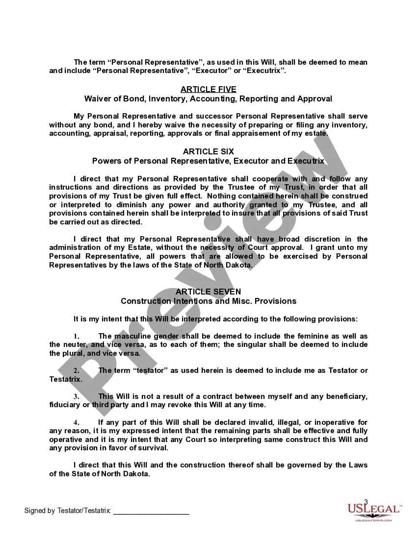 Preview Last Will and Testament with All Property to Trust called a Pour Over Will