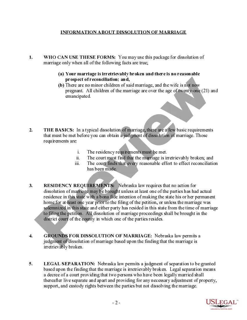 Preview Nebraska No-Fault Uncontested Agreed Divorce Package for Dissolution of Marriage with Adult Children and with or without Property and Debts