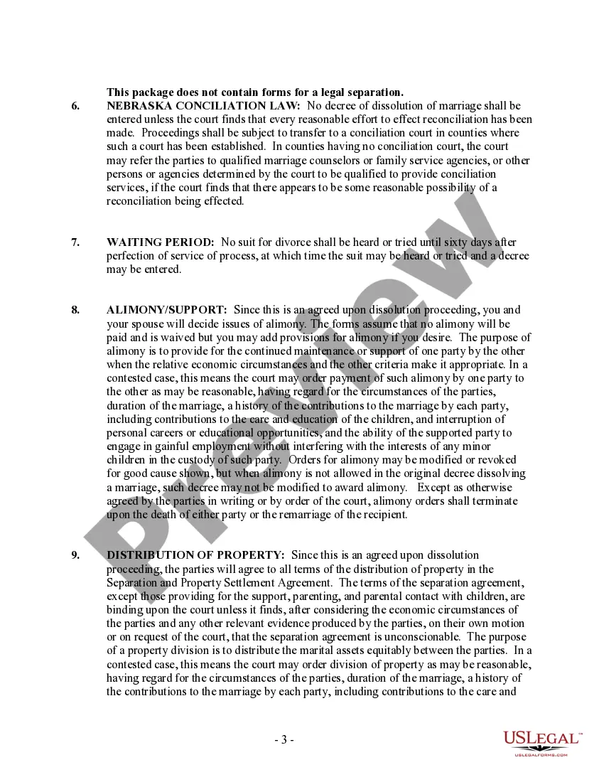 Preview Nebraska No-Fault Uncontested Agreed Divorce Package for Dissolution of Marriage with Adult Children and with or without Property and Debts