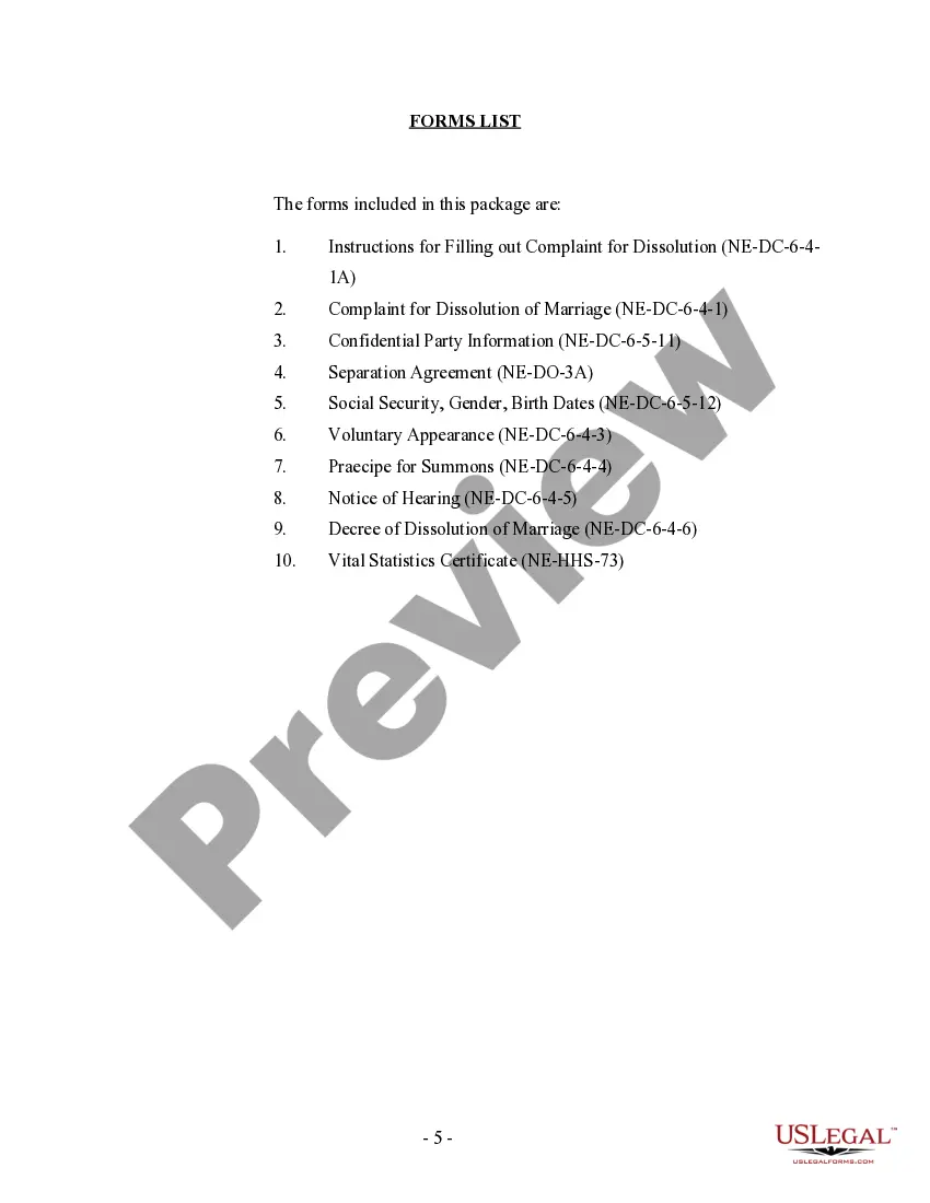 Preview Nebraska No-Fault Uncontested Agreed Divorce Package for Dissolution of Marriage with Adult Children and with or without Property and Debts