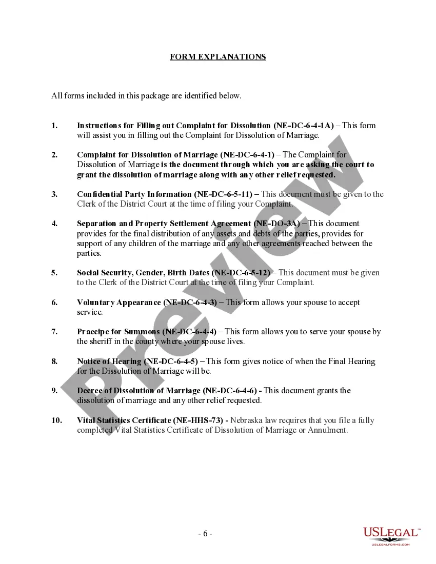 Preview Nebraska No-Fault Uncontested Agreed Divorce Package for Dissolution of Marriage with Adult Children and with or without Property and Debts