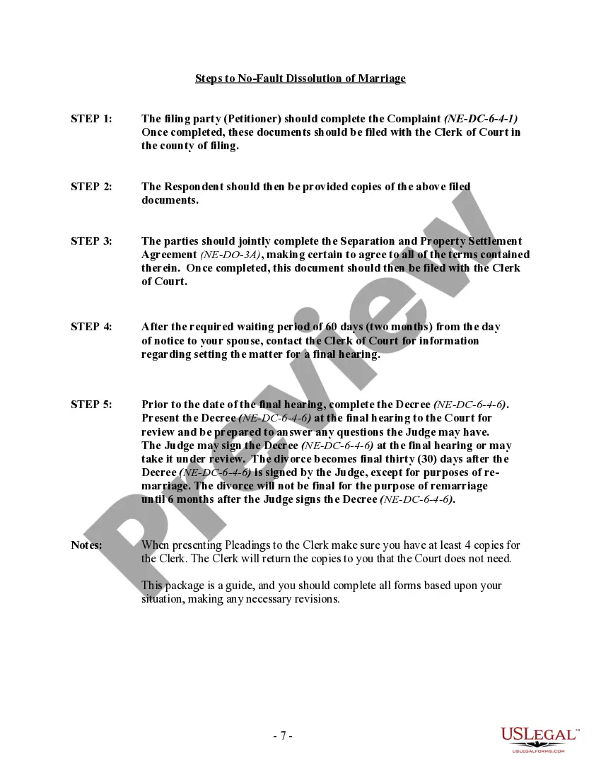 Preview Nebraska No-Fault Uncontested Agreed Divorce Package for Dissolution of Marriage with Adult Children and with or without Property and Debts
