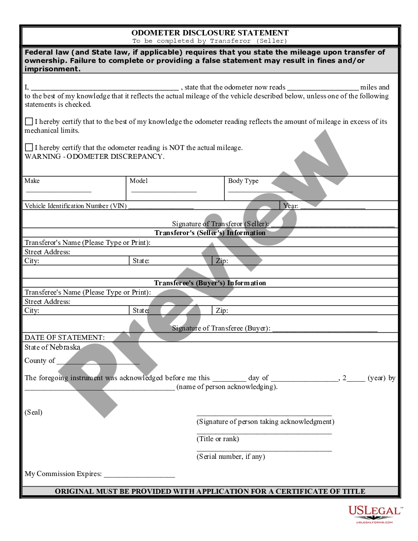 Nebraska Bill of Sale for Automobile or Vehicle including Odometer Statement and Promissory Note