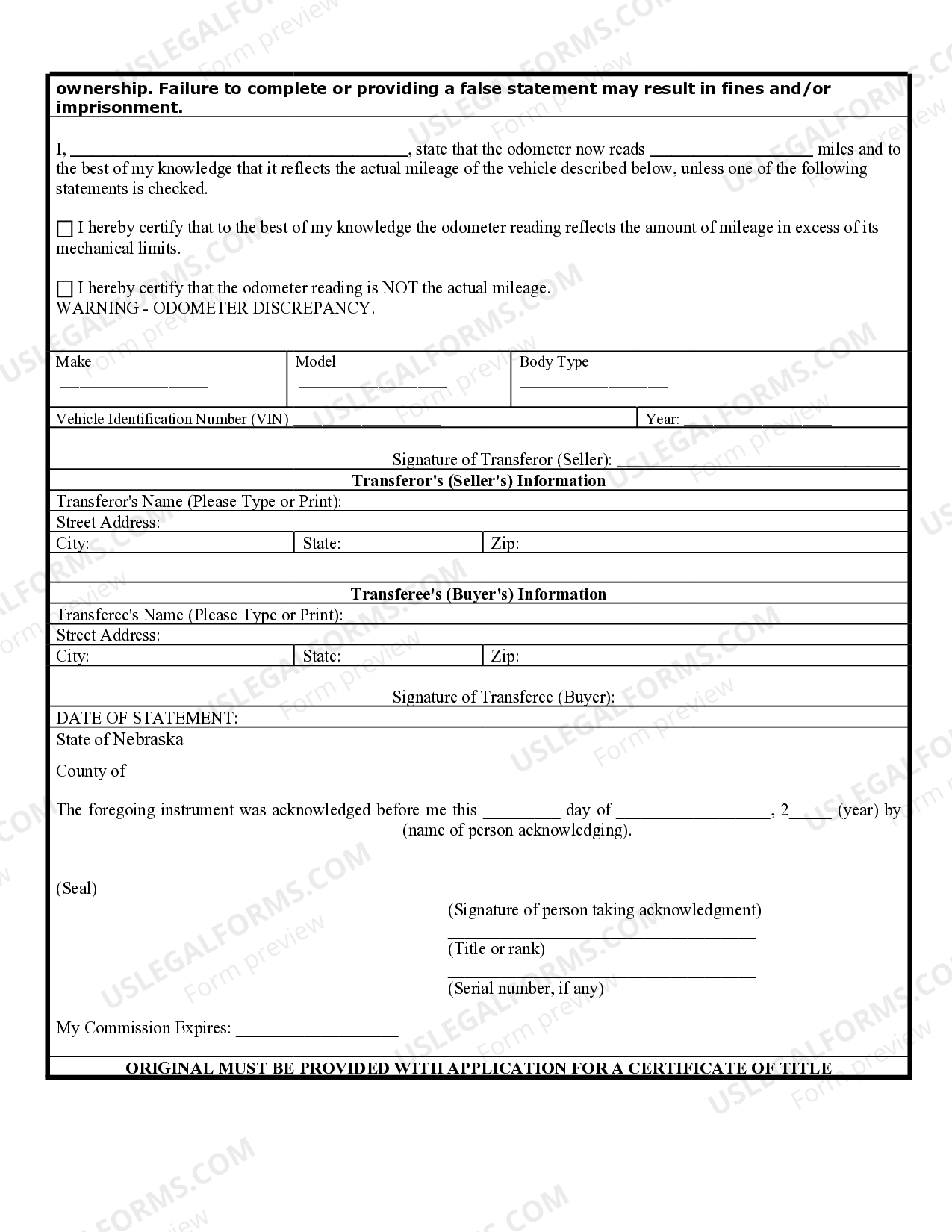 Nebraska Bill of Sale of Automobile and Odometer Statement for As