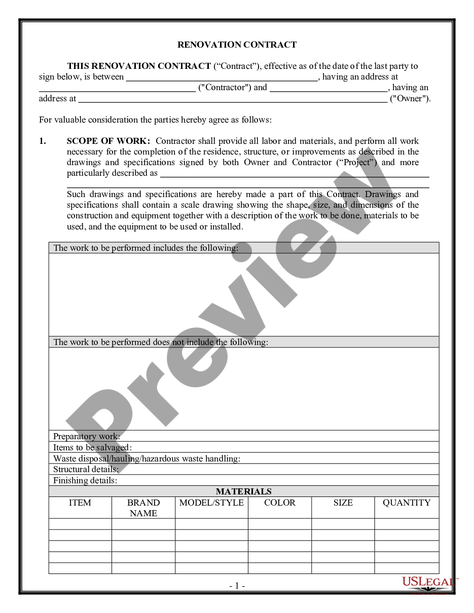 form Renovation Contract for Contractor preview