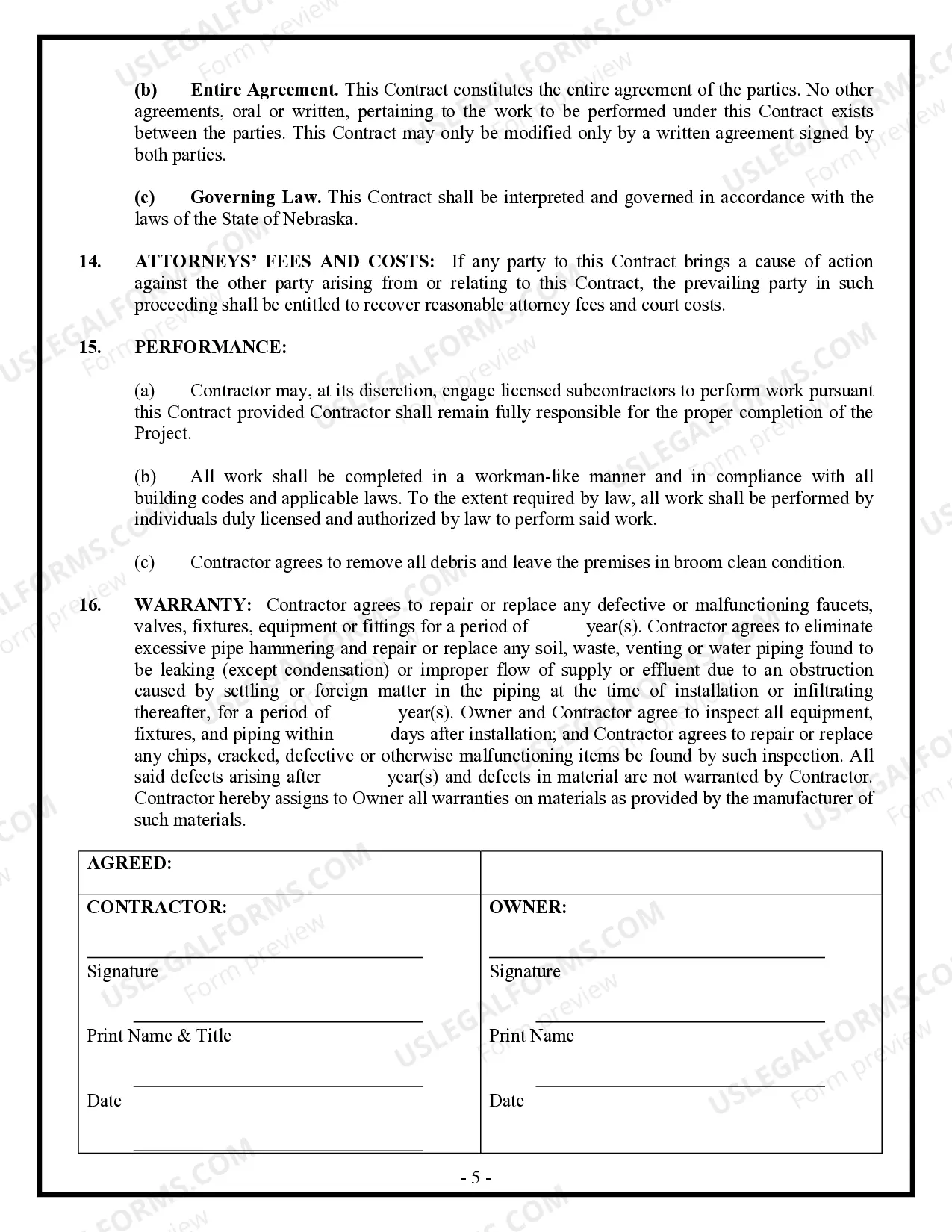 Preview Plumbing Contract for Contractor