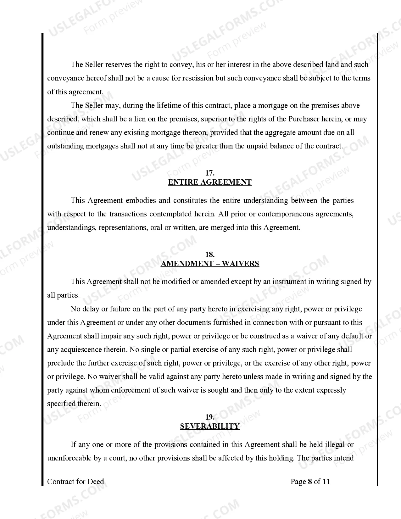 Preview Agreement or Contract for Deed for Sale and Purchase of Real Estate a/k/a Land or Executory Contract