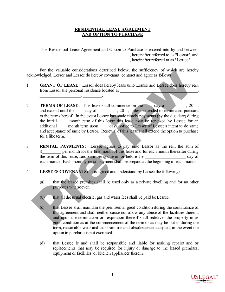 page 0 Option to Purchase Addendum to Residential Lease - Lease or Rent to Own preview