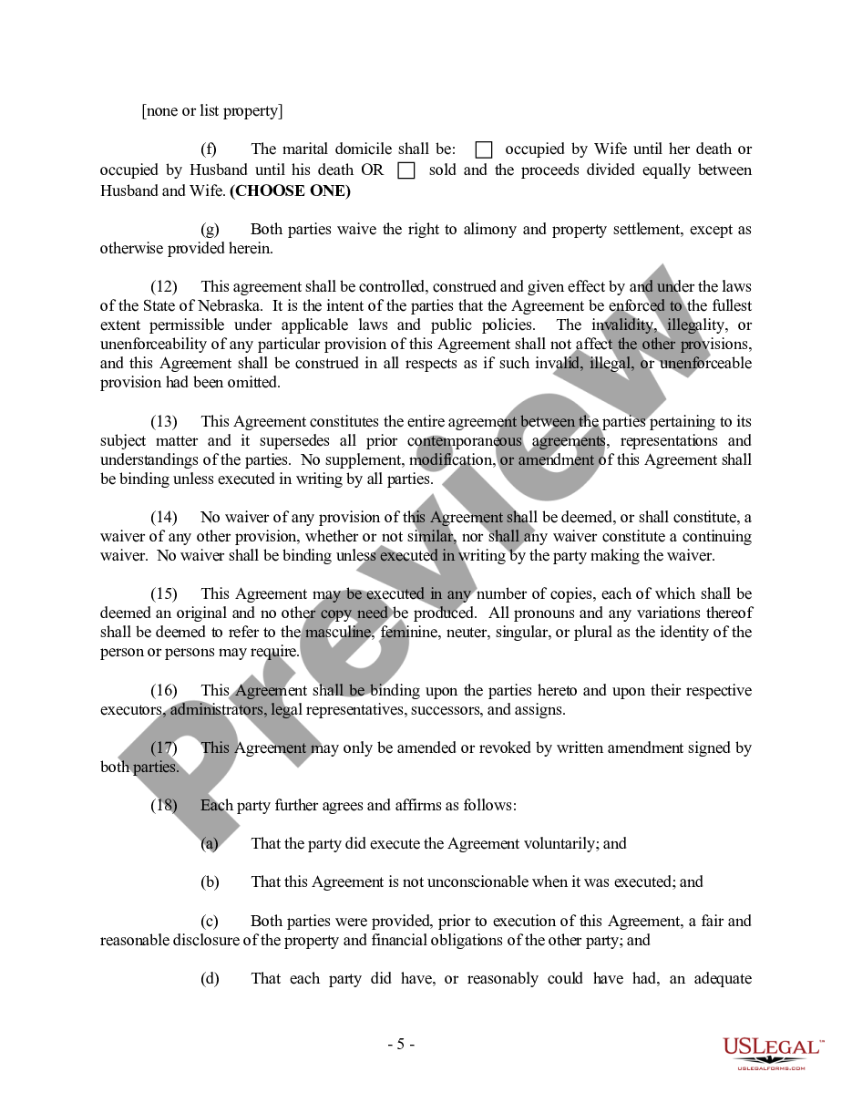 form Nebraska - Premarital Agreement - Uniform Premarital Agreement Act - with Financial Statements preview