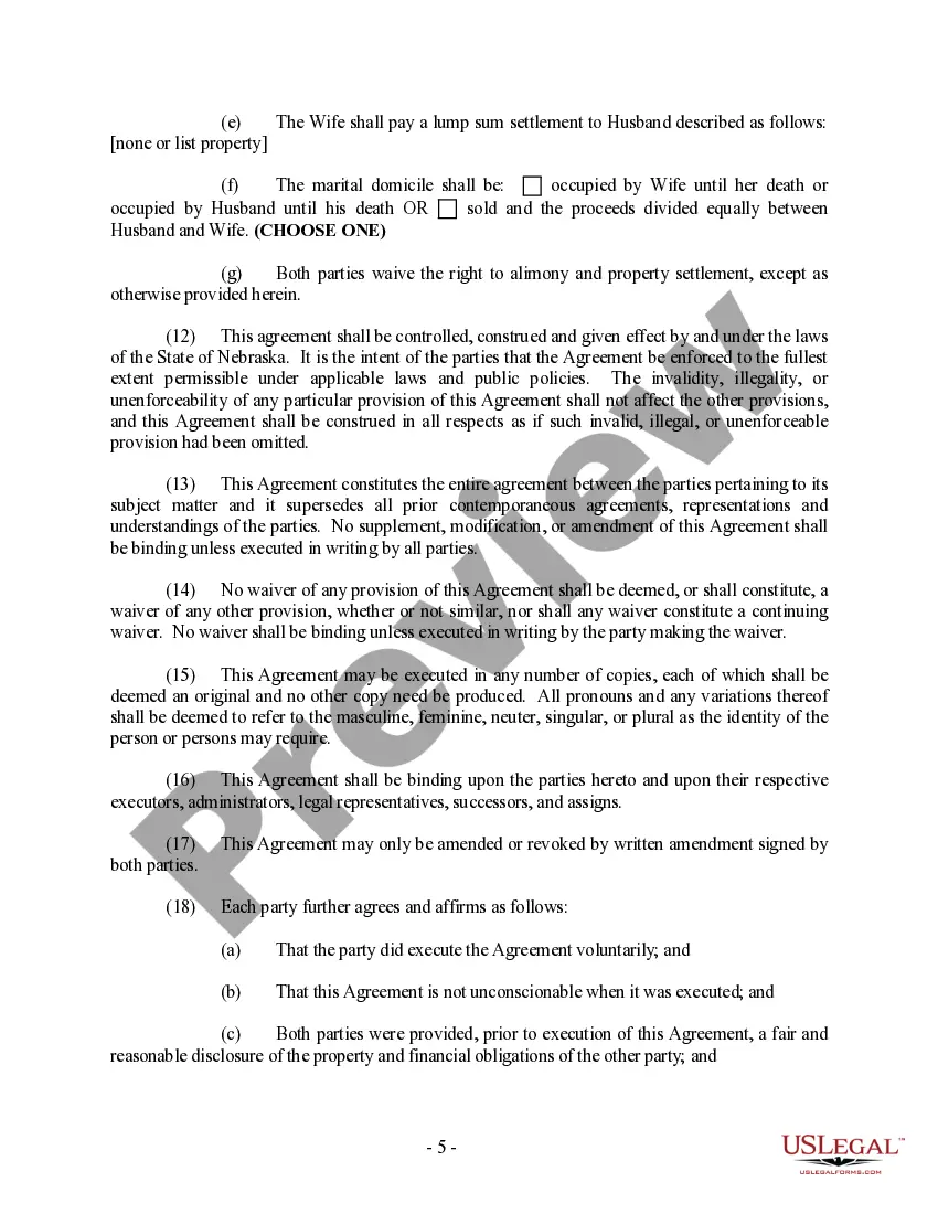 Preview Nebraska - Premarital Agreement - Uniform Premarital Agreement Act - with Financial Statements