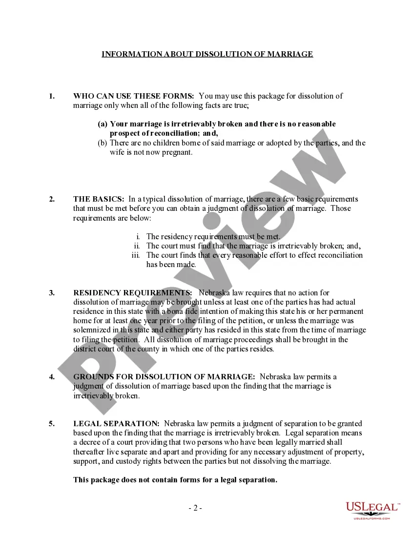 Preview Nebraska No-Fault Agreed Uncontested Divorce Package for Dissolution of Marriage for Persons with No Children with or without Property and Debts