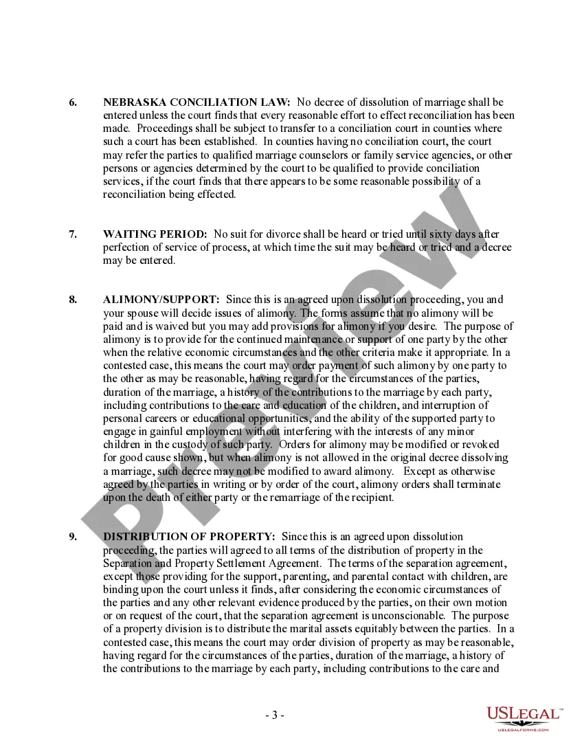 Preview Nebraska No-Fault Agreed Uncontested Divorce Package for Dissolution of Marriage for Persons with No Children with or without Property and Debts