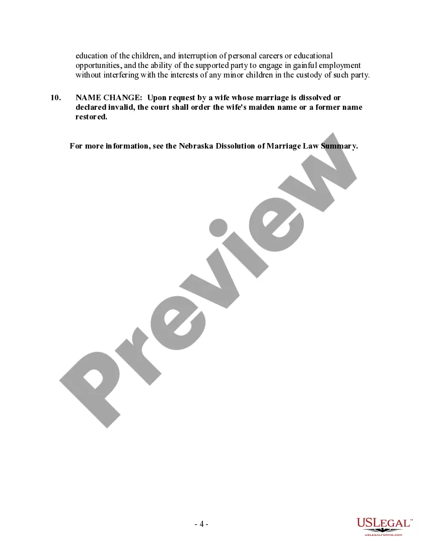 Preview Nebraska No-Fault Agreed Uncontested Divorce Package for Dissolution of Marriage for Persons with No Children with or without Property and Debts