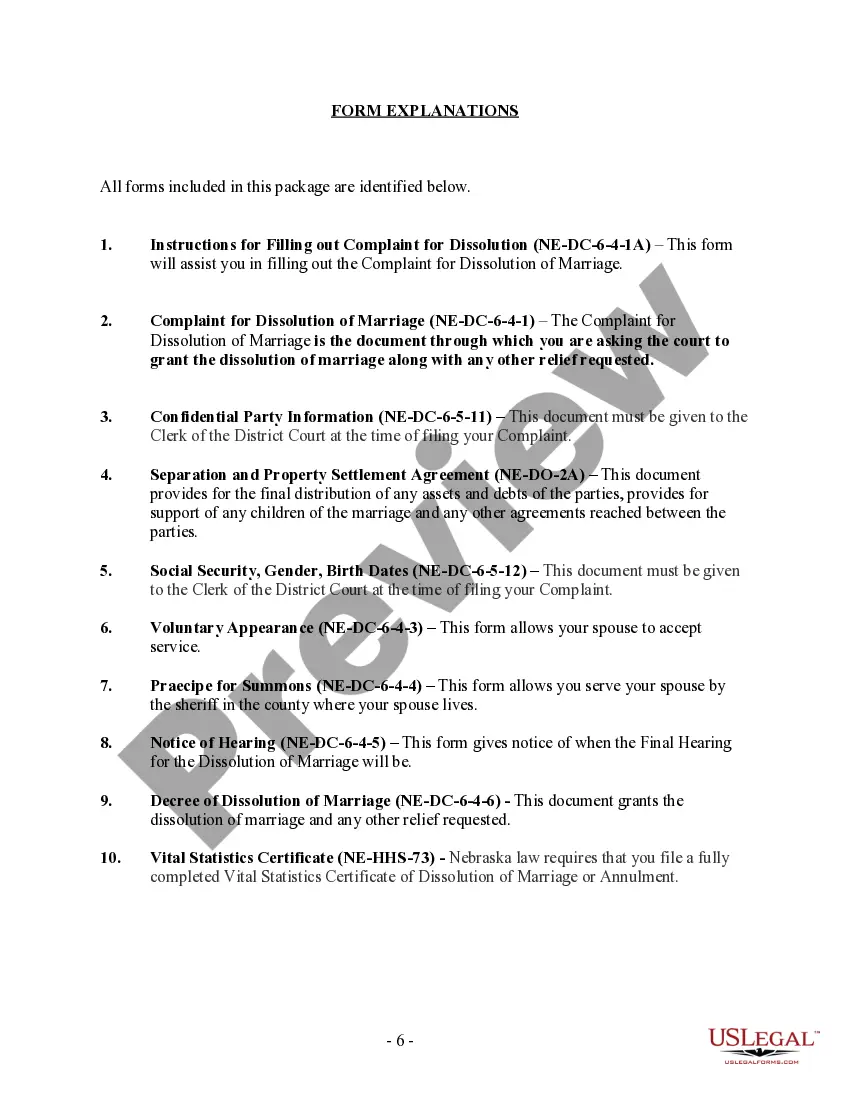 Preview Nebraska No-Fault Agreed Uncontested Divorce Package for Dissolution of Marriage for Persons with No Children with or without Property and Debts