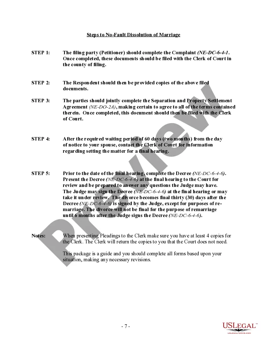 Preview Nebraska No-Fault Agreed Uncontested Divorce Package for Dissolution of Marriage for Persons with No Children with or without Property and Debts