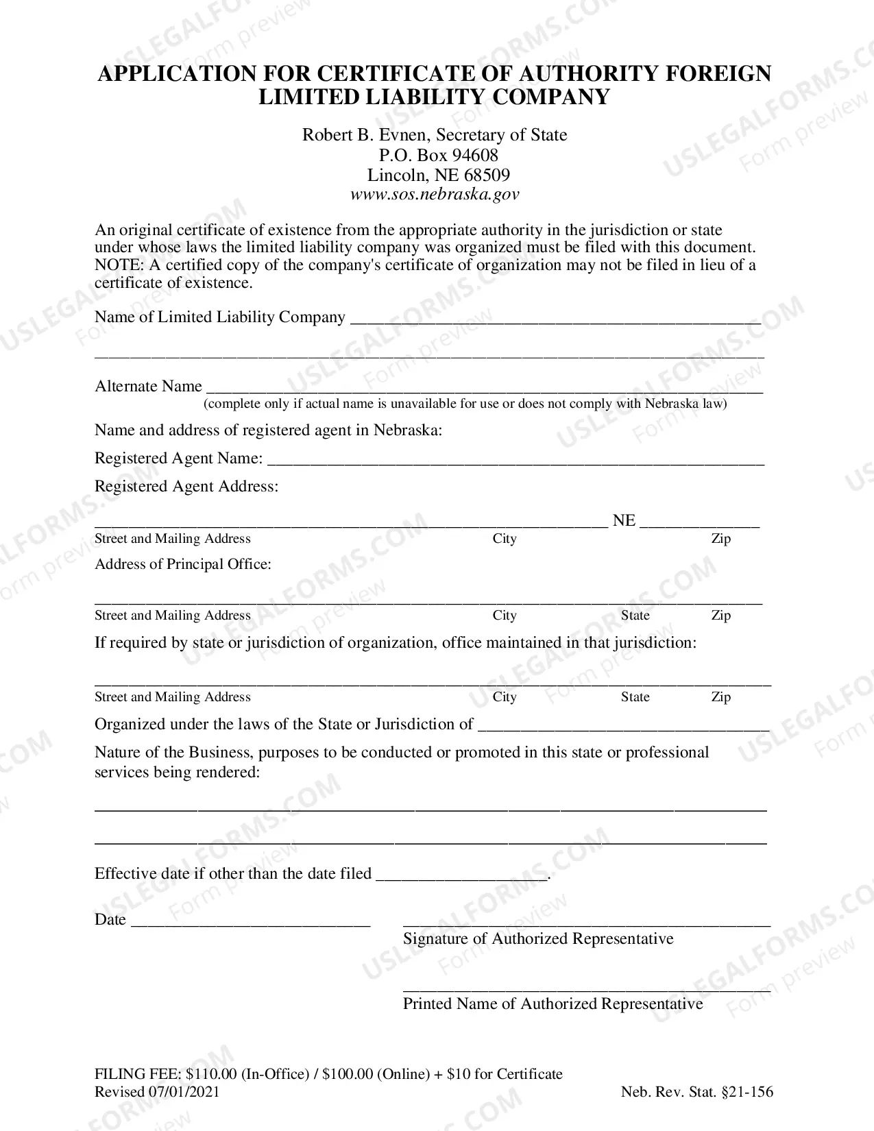 Preview Nebraska Registration of Foreign Corporation