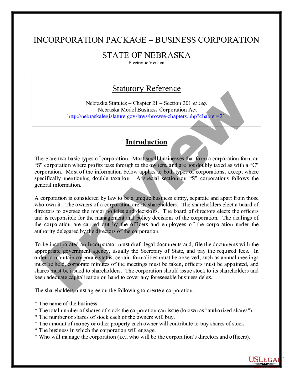 page 1 Nebraska Business Incorporation Package to Incorporate Corporation preview