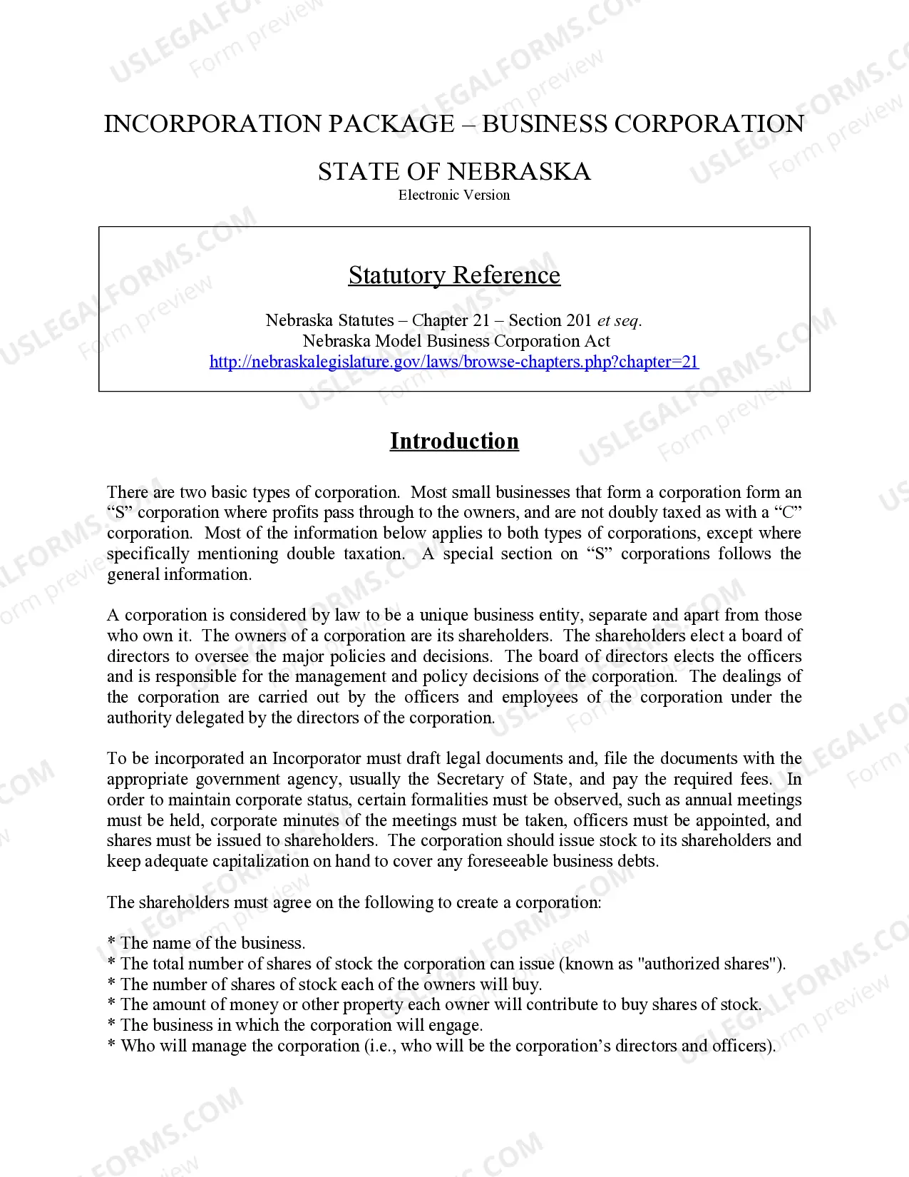 Preview Nebraska Business Incorporation Package to Incorporate Corporation