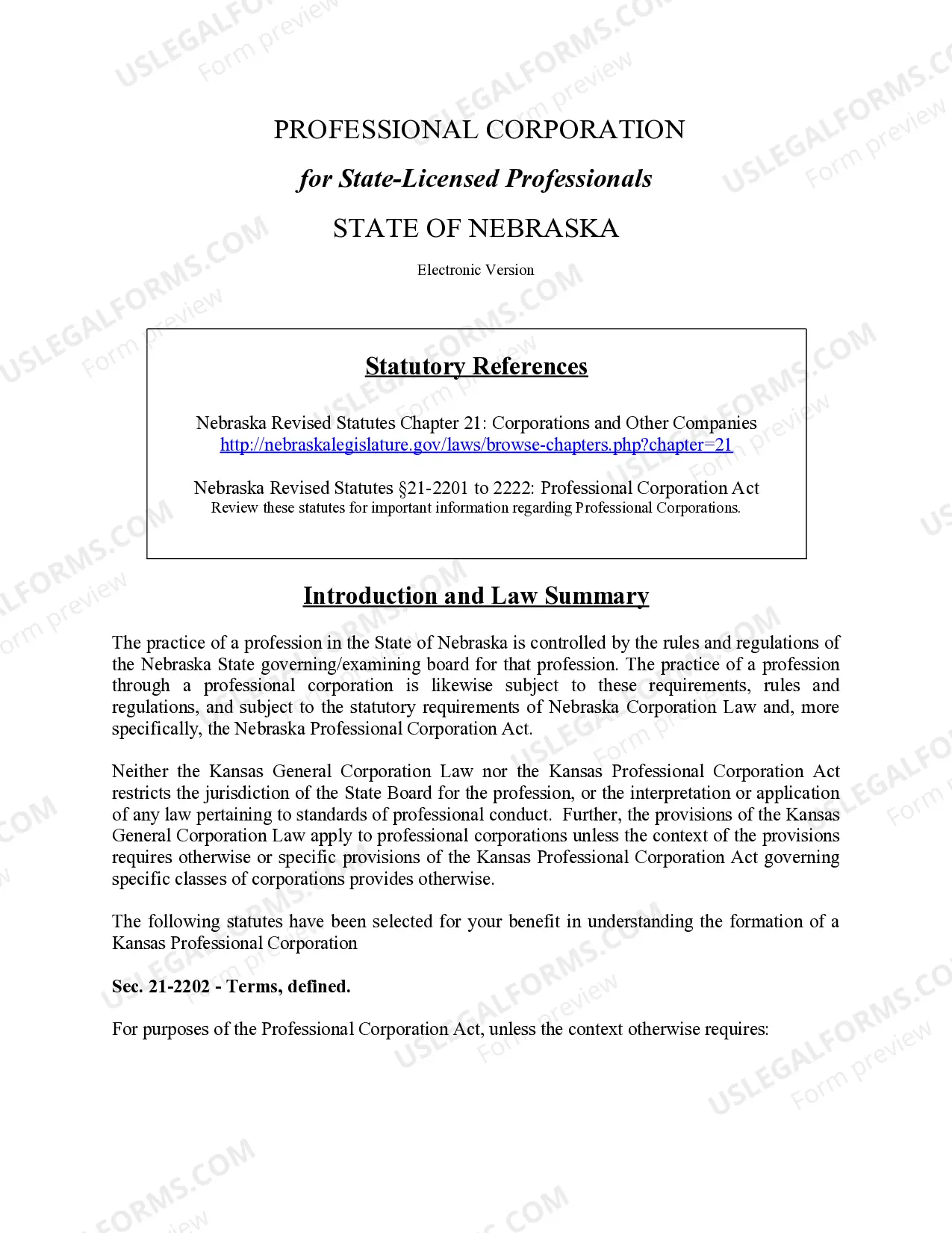 Preview Professional Corporation Package for Nebraska