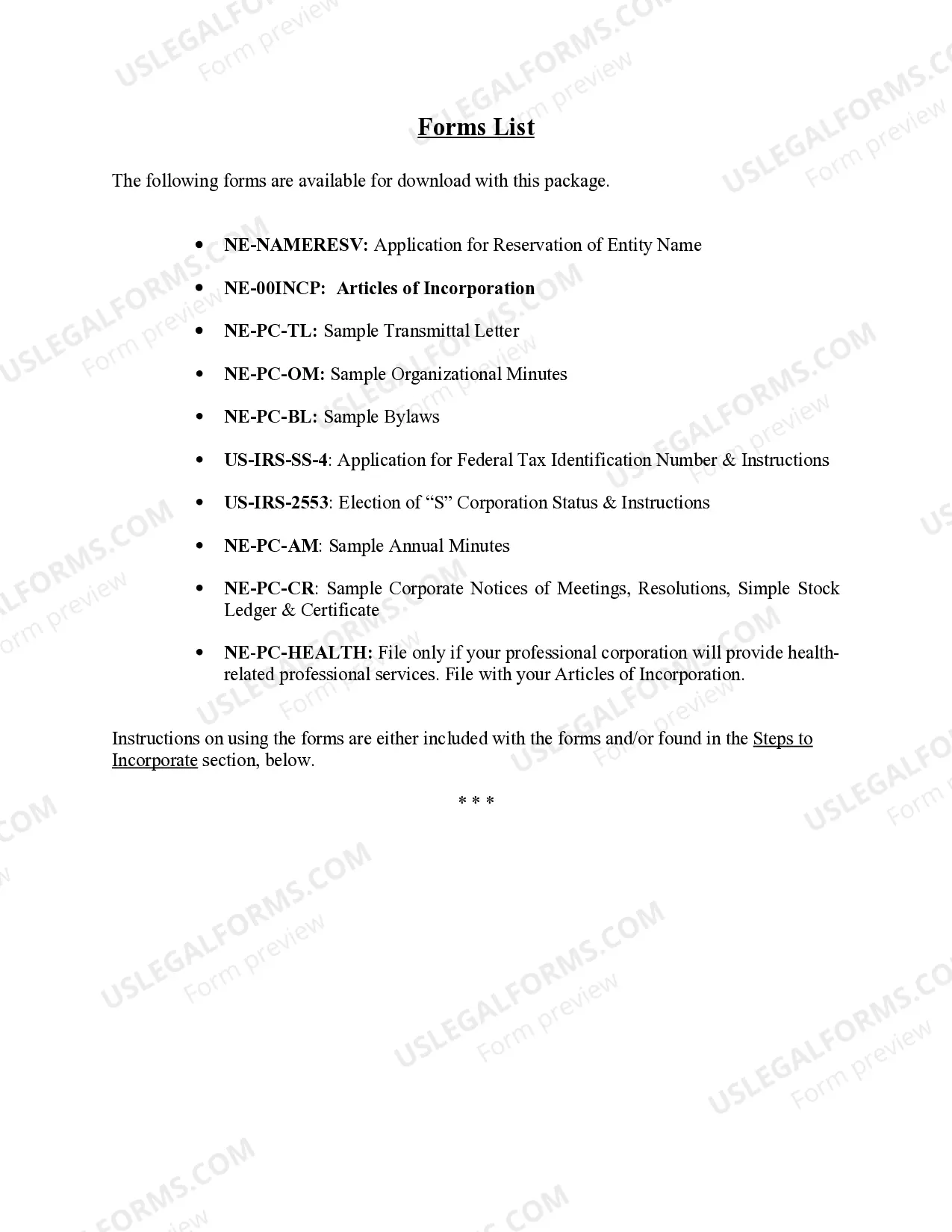 Preview Professional Corporation Package for Nebraska