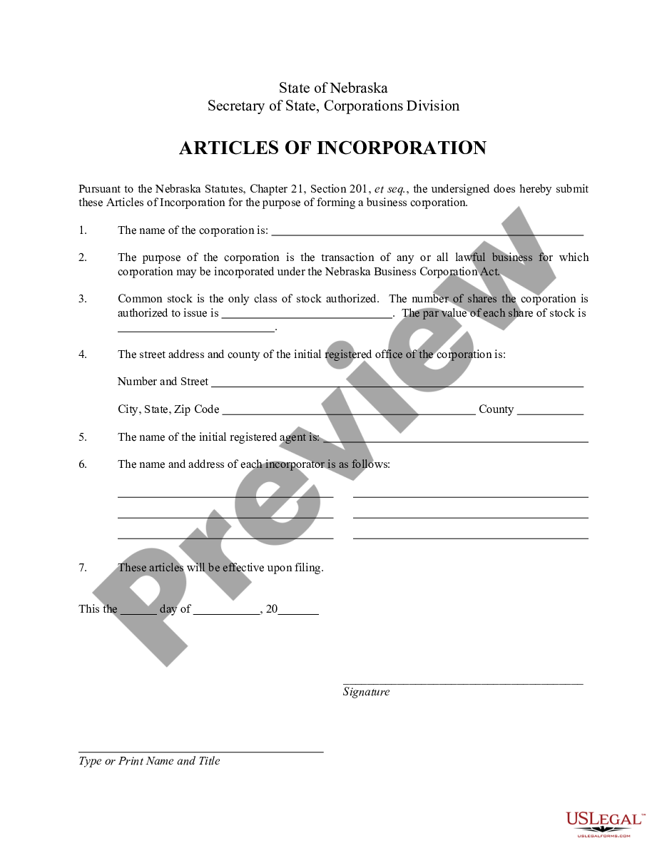 page 1 Nebraska Articles of Incorporation for Domestic For-Profit Corporation preview