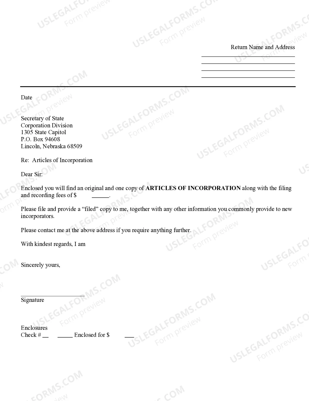 Preview Nebraska Articles of Incorporation for Domestic For-Profit Corporation