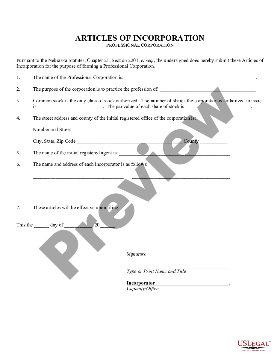 page 1 Nebraska Articles of Incorporation for Professional Corporation preview