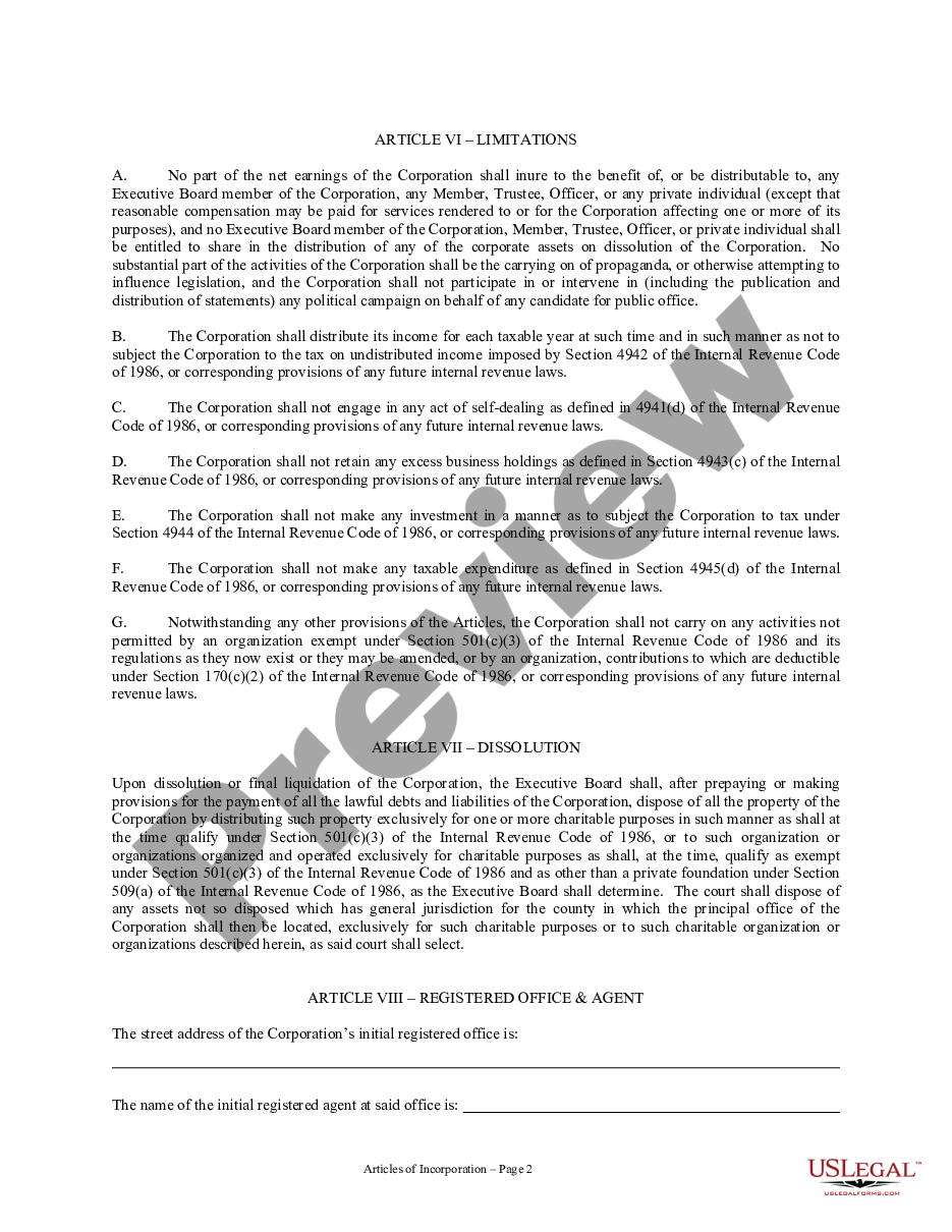 page 1 Nebraska Articles of Incorporation for Domestic Nonprofit Corporation preview