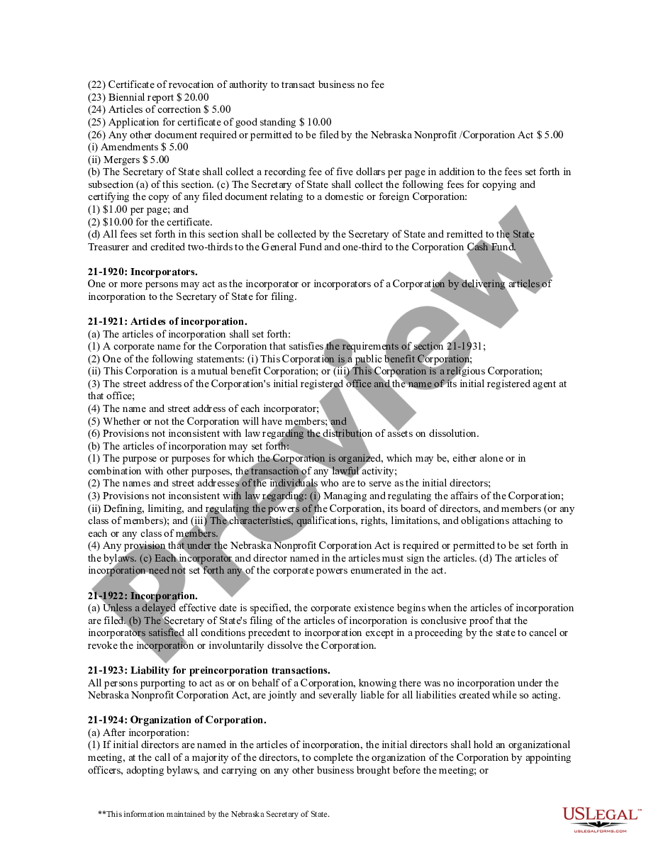 page 5 Nebraska Articles of Incorporation for Domestic Nonprofit Corporation preview