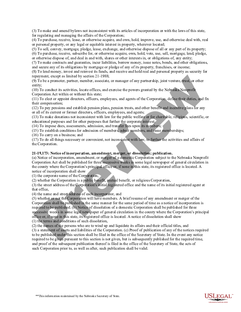page 7 Nebraska Articles of Incorporation for Domestic Nonprofit Corporation preview