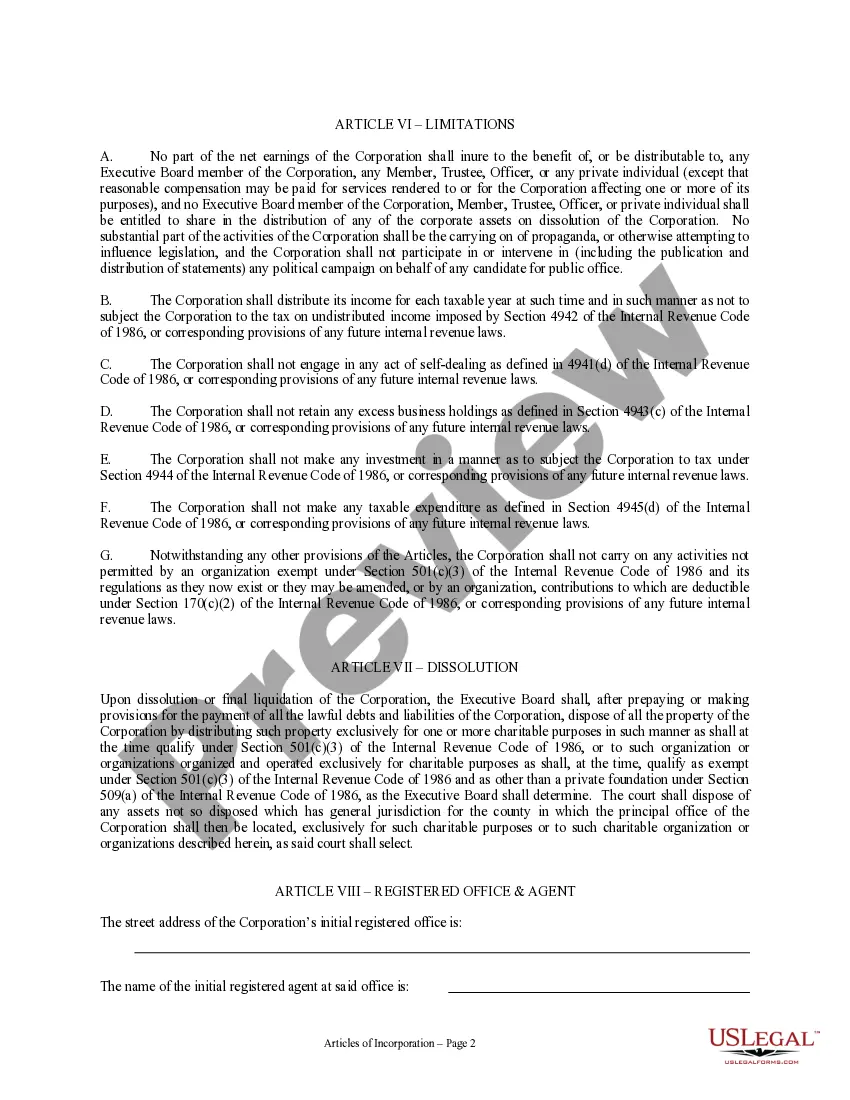 Preview Nebraska Articles of Incorporation for Domestic Nonprofit Corporation