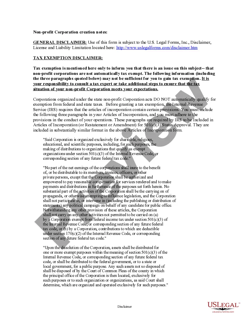 Preview Nebraska Articles of Incorporation for Domestic Nonprofit Corporation