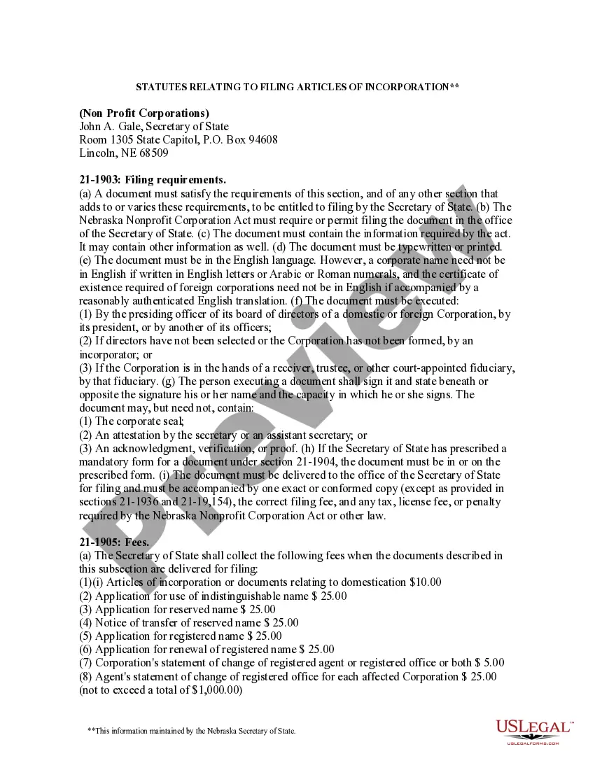 Preview Nebraska Articles of Incorporation for Domestic Nonprofit Corporation
