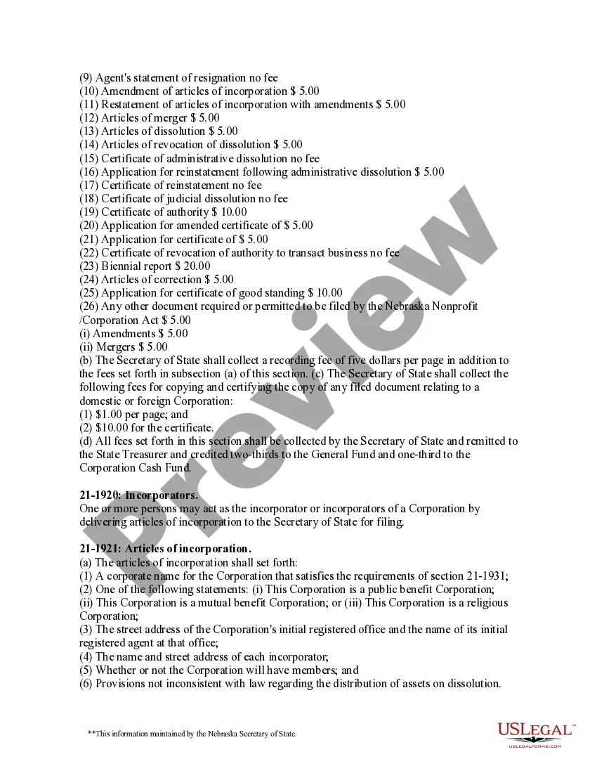 Preview Nebraska Articles of Incorporation for Domestic Nonprofit Corporation