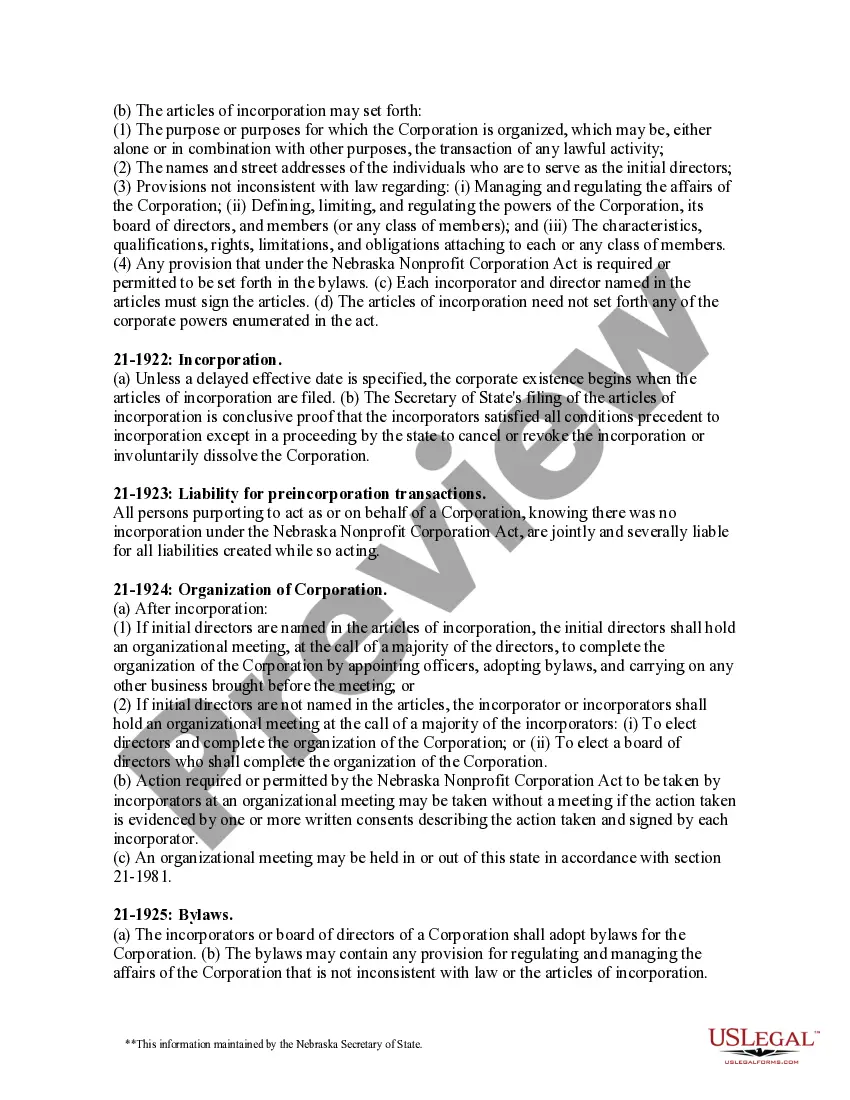 Preview Nebraska Articles of Incorporation for Domestic Nonprofit Corporation