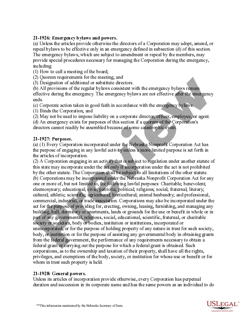 Preview Nebraska Articles of Incorporation for Domestic Nonprofit Corporation