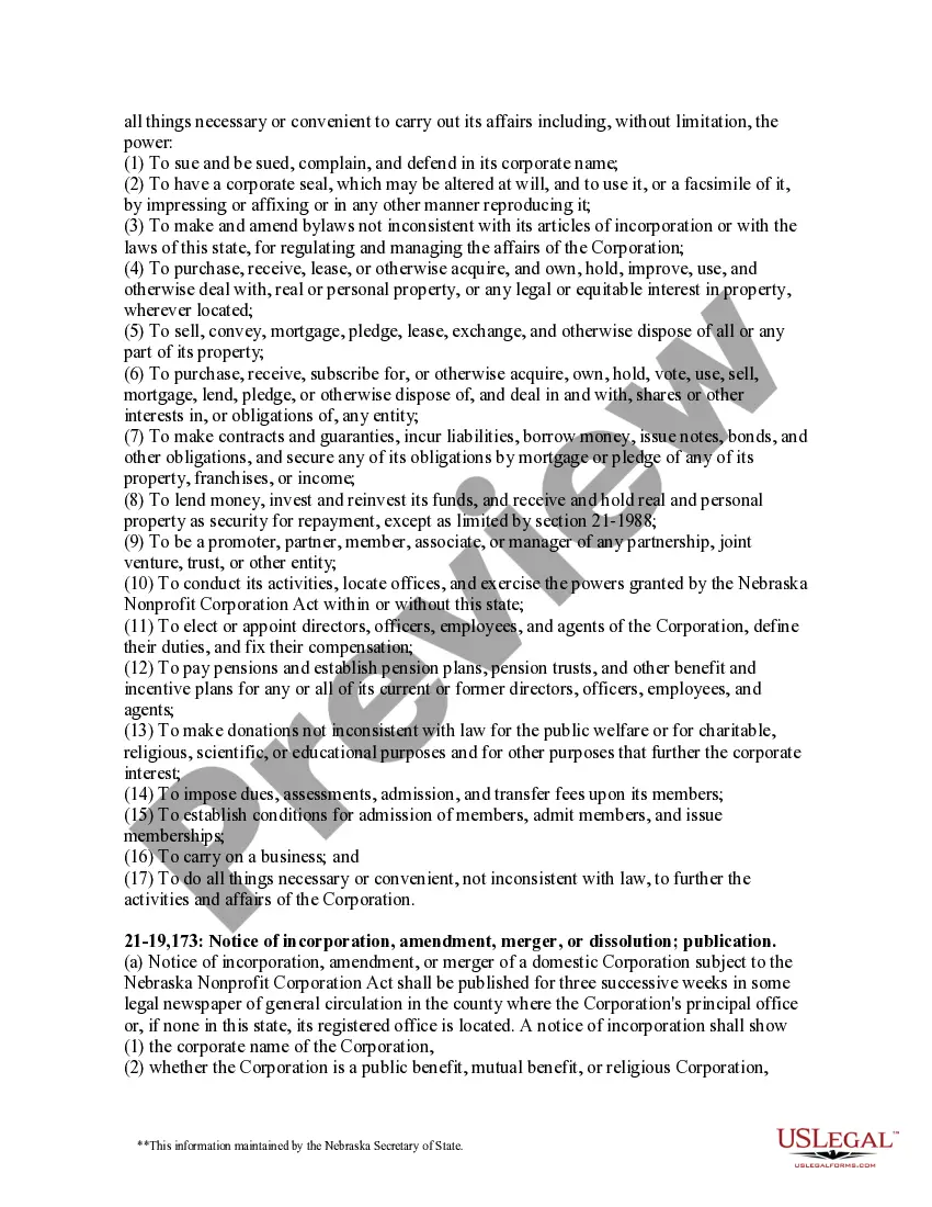 Preview Nebraska Articles of Incorporation for Domestic Nonprofit Corporation
