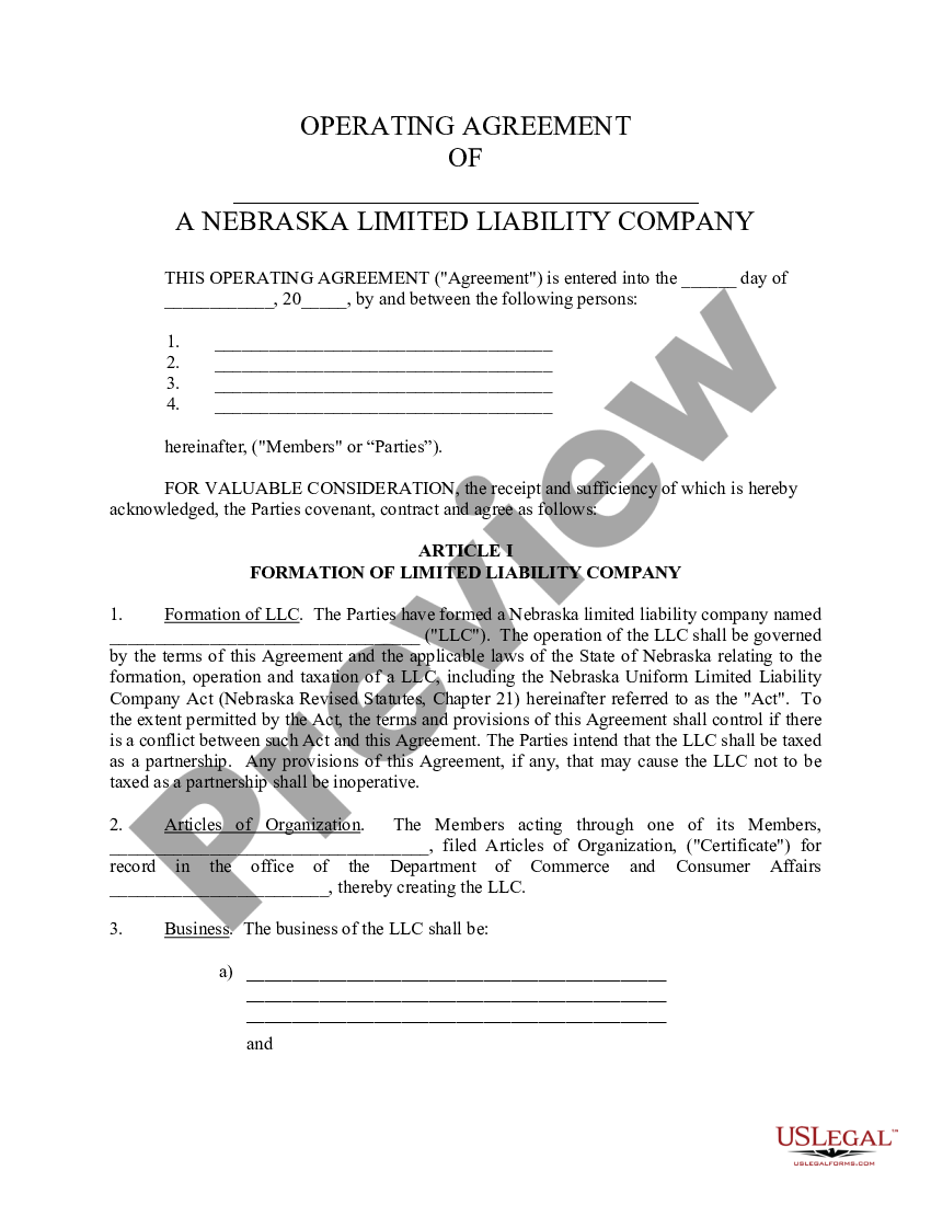 Nebraska Limited Liability Company LLC Operating Agreement Limited