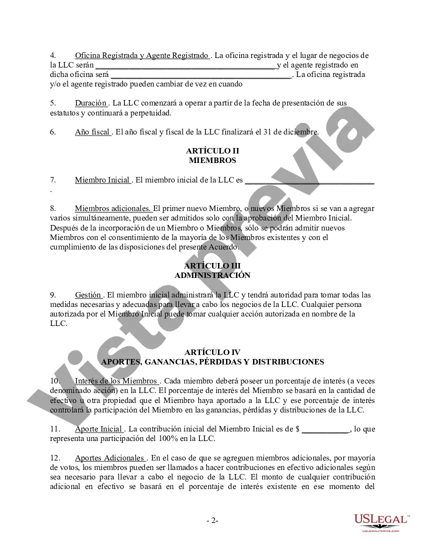 Preview Acuerdo Operativo LLC de Sociedad de Responsabilidad Limitada de Miembro Único