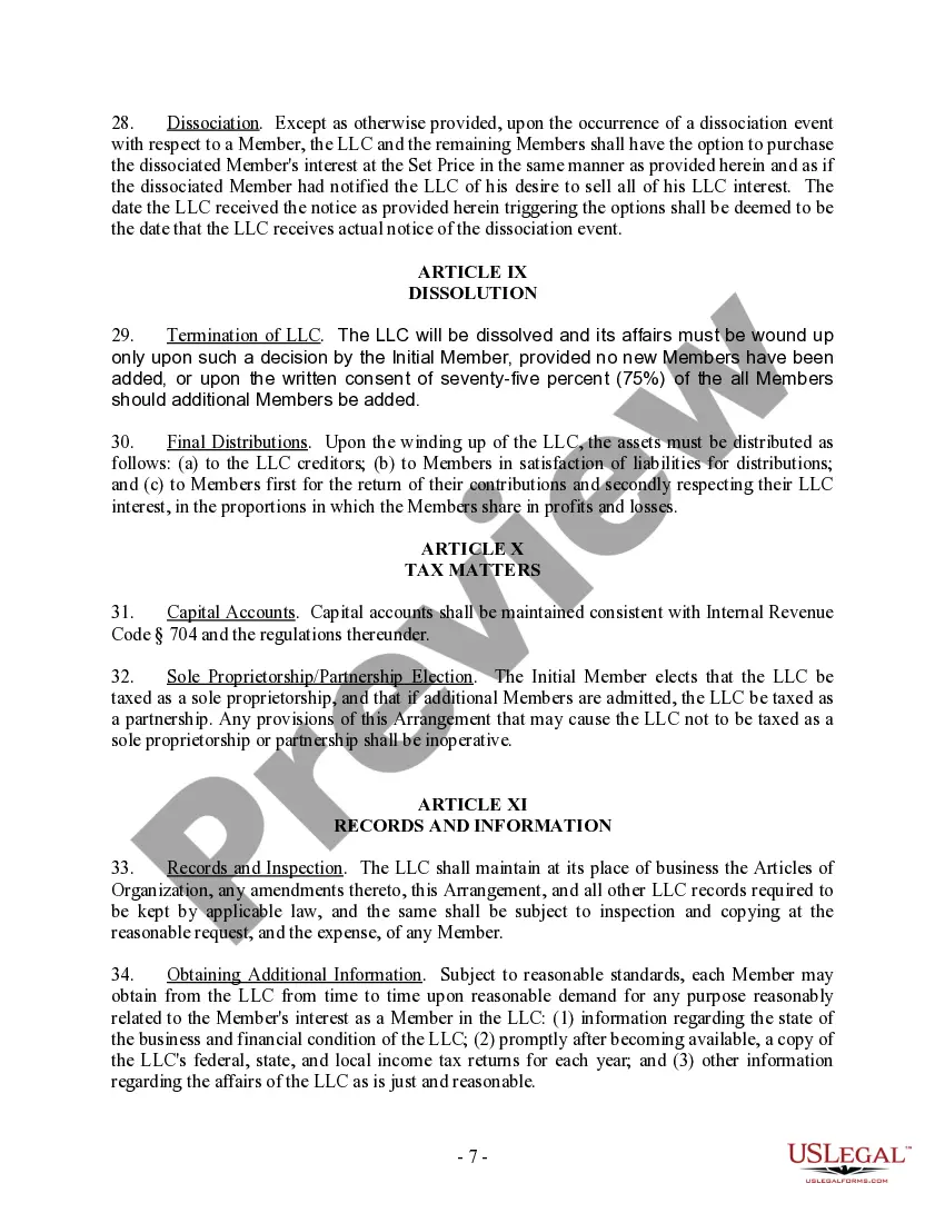 Preview Single Member Limited Liability Company LLC Operating Agreement