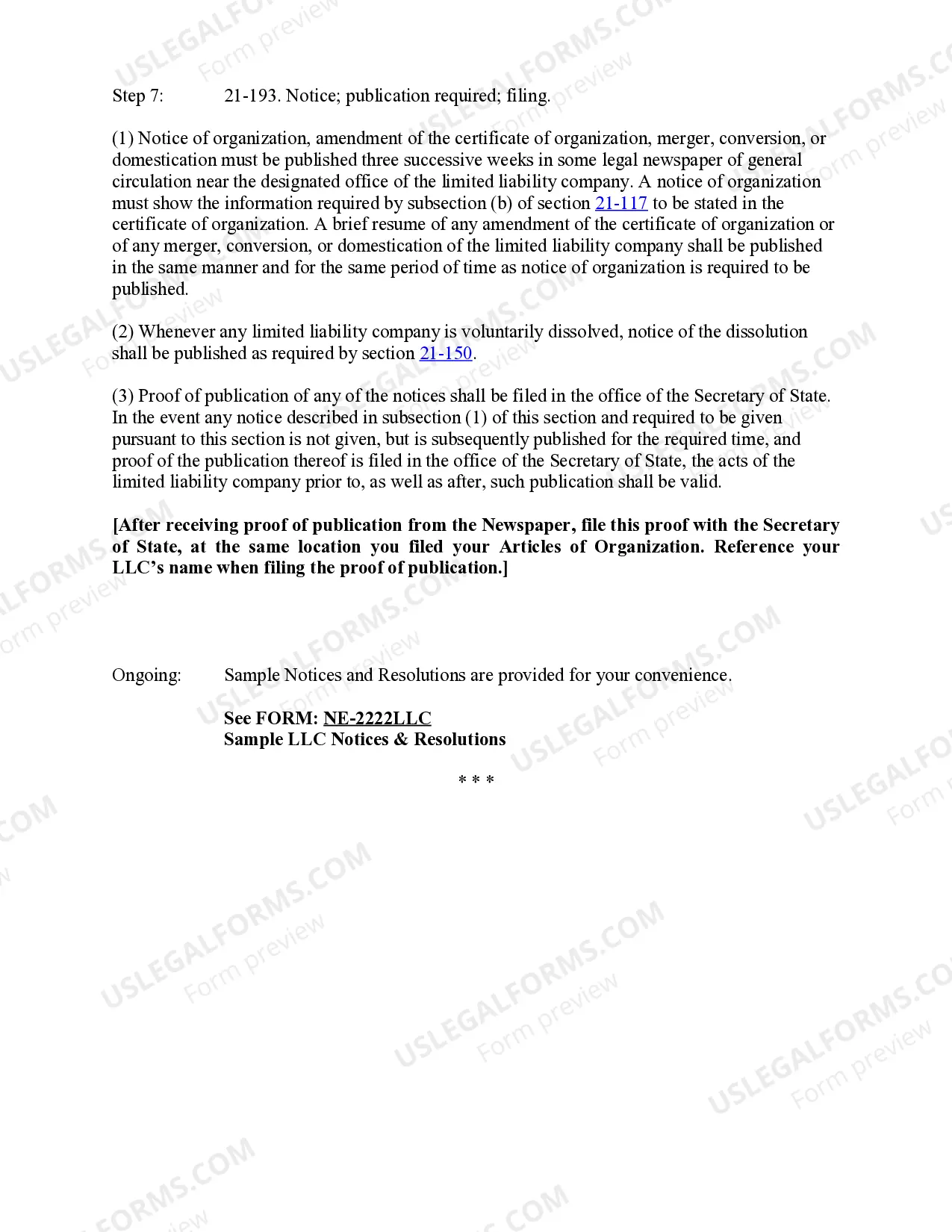 Preview Nebraska Limited Liability Company LLC Formation Package