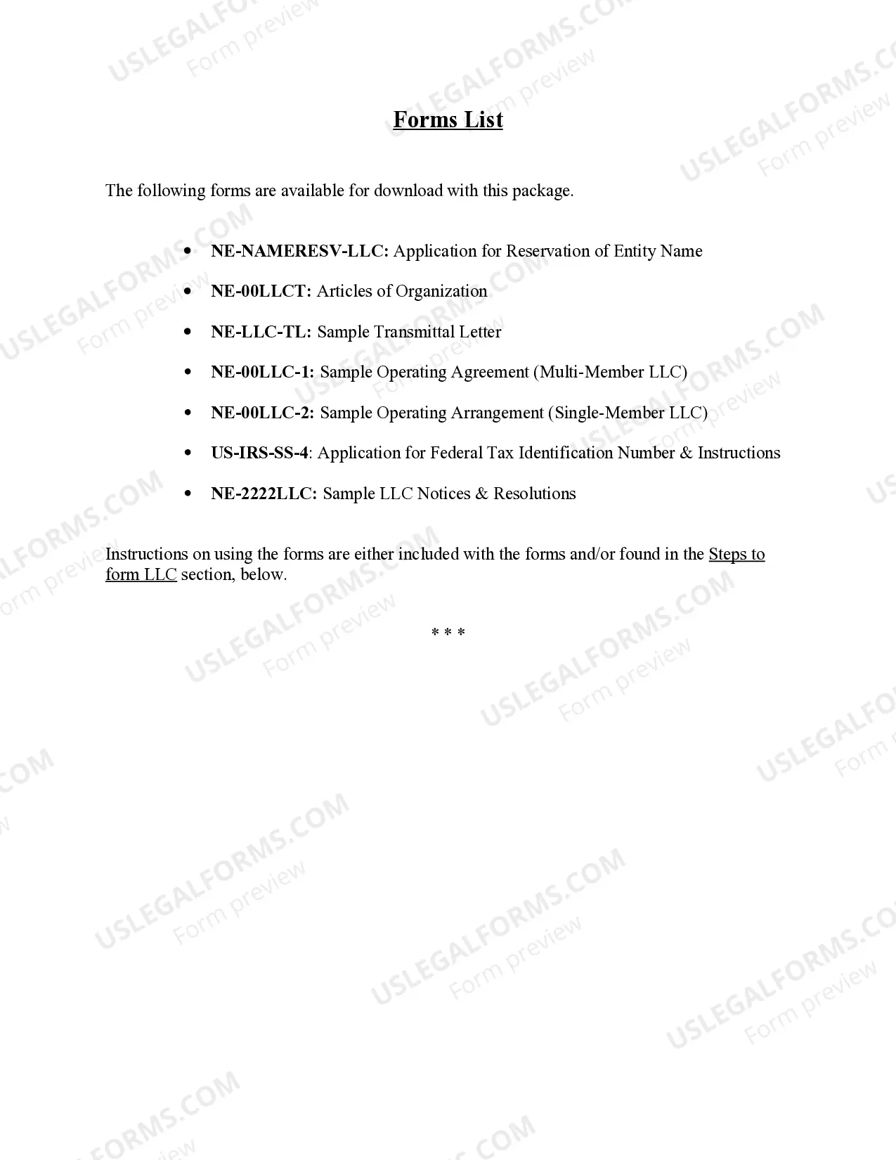 Preview Nebraska Limited Liability Company LLC Formation Package