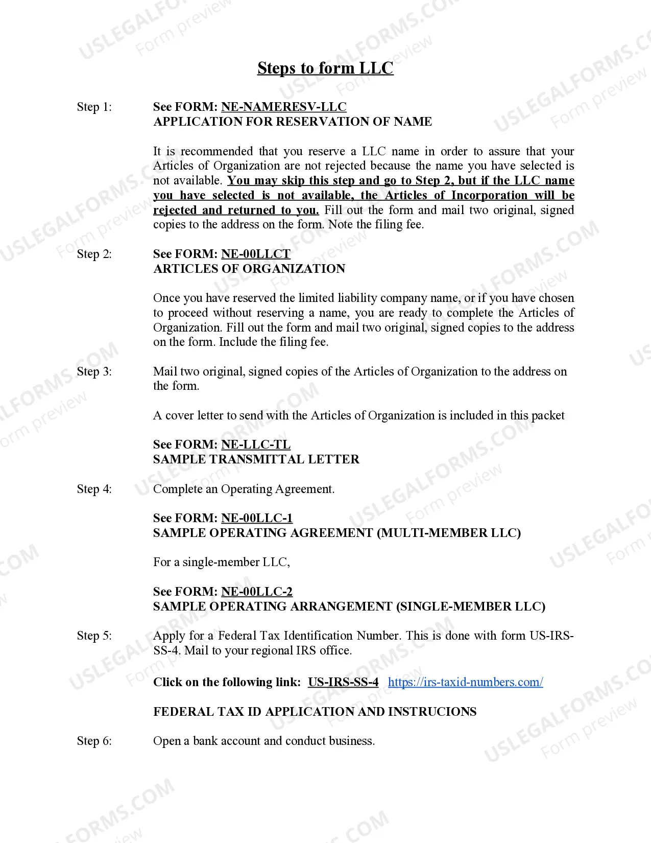 Preview Nebraska Limited Liability Company LLC Formation Package