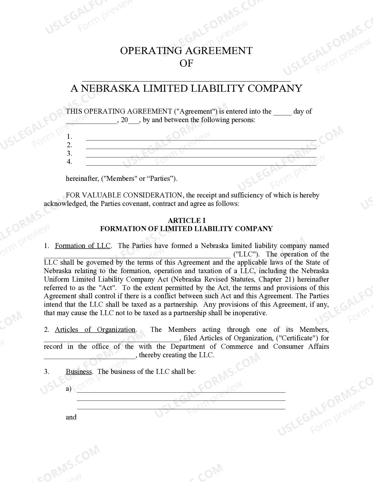 Preview Nebraska Professional Limited Liability Company PLLC Formation Package